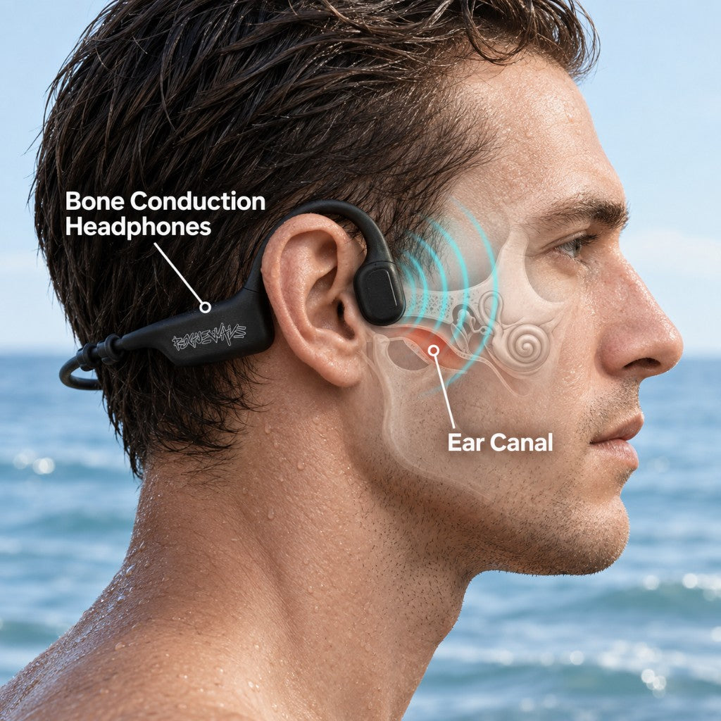 Bone conduction headphones resting on the cheekbone, with sound traveling to the inner ear while the ear canal stays open.