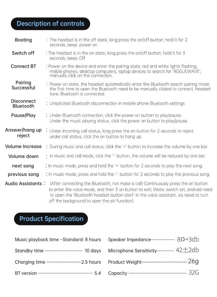 Description of Controls & Product Specification